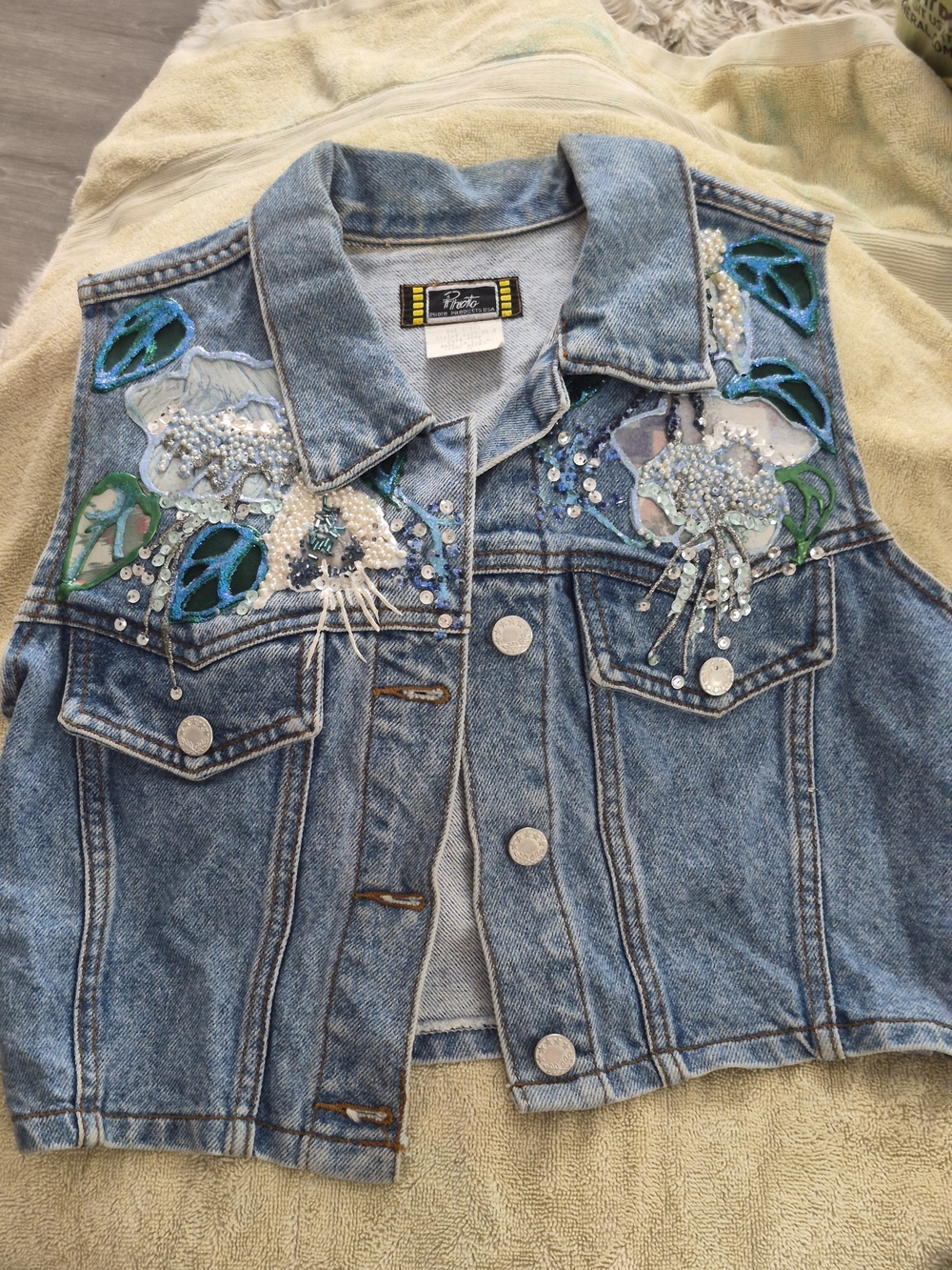 Y2K Glam Rock Beaded Embroidered Light Blue Denim Vest - Petite Studio